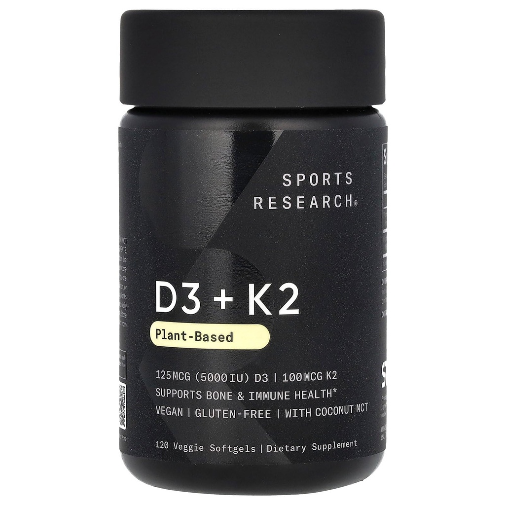 Cercetare sportivă Vitamina D3 cu K2 Softgels - Plant based K2 & Vegan D3 5000iu cu ulei de cocos MCT - Vegan Certified, Soy & Gluten Free - 120 Conte