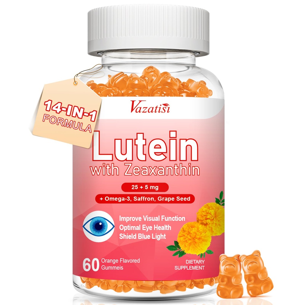 Lutein si Zeaxanthin Suplimente Gumies, Advanced Eye Vitamina cu Bilberry, Saffron, Seminte de struguri, Omega 3 pentru sanatate maculara, ochi uscat, functie vizuala - Orange Flavor, 60 Conte