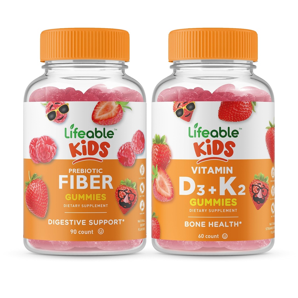 Fibră prebiotică de viață Copii + Vitamina D3 + Vitamina K2 Copii, Gume Bundle - mare Tasting, Suplimentul de vitamine, Gluten gratuit, OMG gratuit, Gummy masticabil