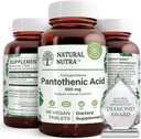 Natural Nutra timp de eliberare Acid pantonic 500 mg, vitamina B5 Supliment ajută rupe în jos grăsime și carbohidrați, metabolice și energie, Îmbunătățirea sănătății musculare, 60 comprimate vegetariene (3 ambalaj)