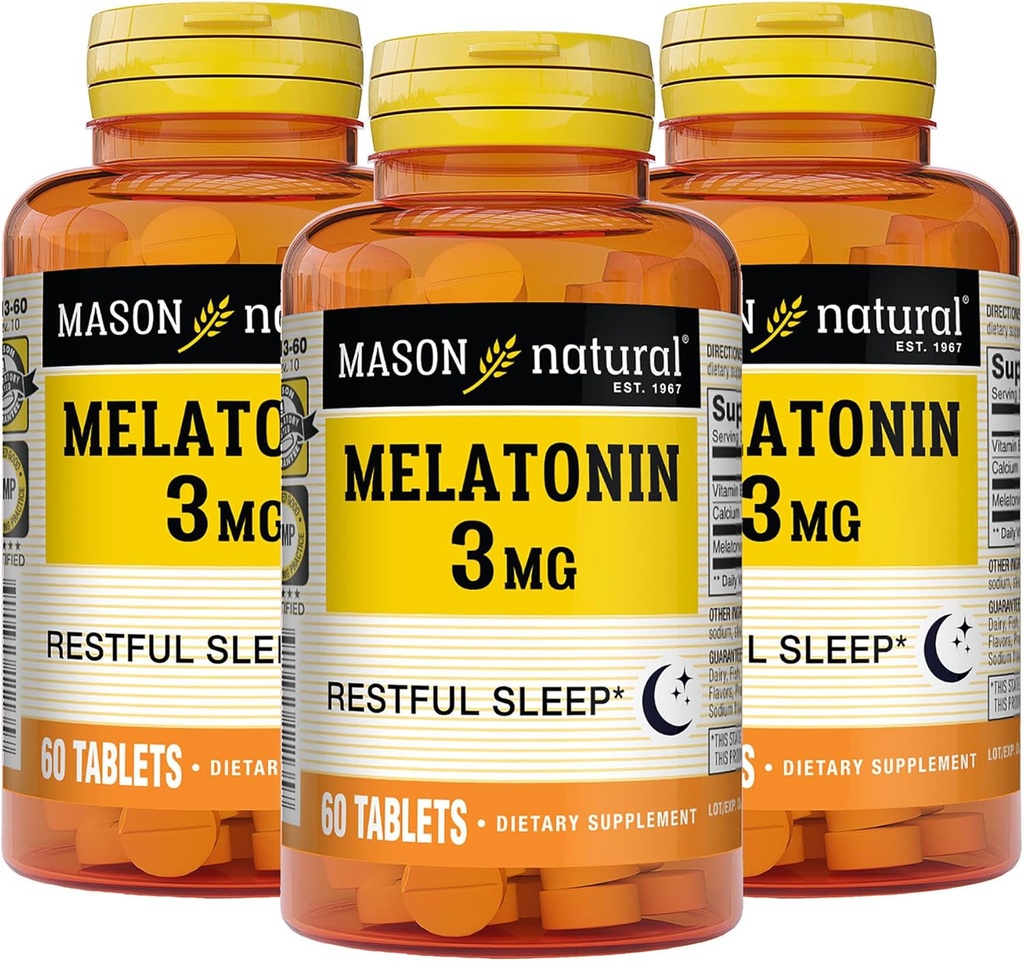 MASON NATURAL Melatonina 3 mg cu B6 & Calciu, Ajutor de somn natural, Suportă somn odihnitor, 60 comprimate (Pachet de 3)