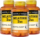 MASON NATURAL Melatonina 3 mg cu B6 & Calciu, Ajutor de somn natural, Suportă somn odihnitor, 60 comprimate (Pachet de 3)