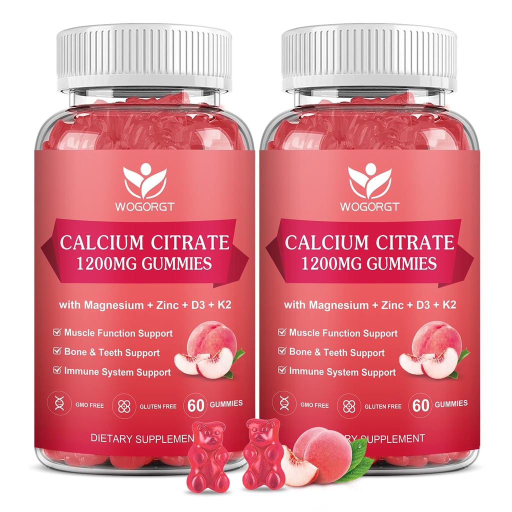 Citrat de calciu 1200mg Gummies cu vitamina D3, K2 - Chembable calciu magneziu Zinc d3 Supliment cu extract de Moss de mare pentru oase, dinți, suport imun pentru femei și bărbați, aromă de piersici-60 gume (2Pack)