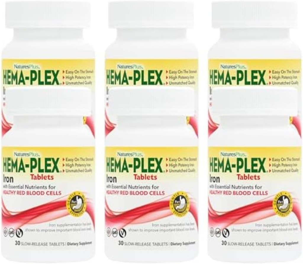 NaturasPlus Hema-Plex de fier - 30 comprimate de eliberare susţinută, pachet de 6-85 mg de fier elementar - Sănătatea totală a sângelui - cu vitamina C & Bioflavonoizi - Vegan, Gluten gratuit - 180 Serviri totale