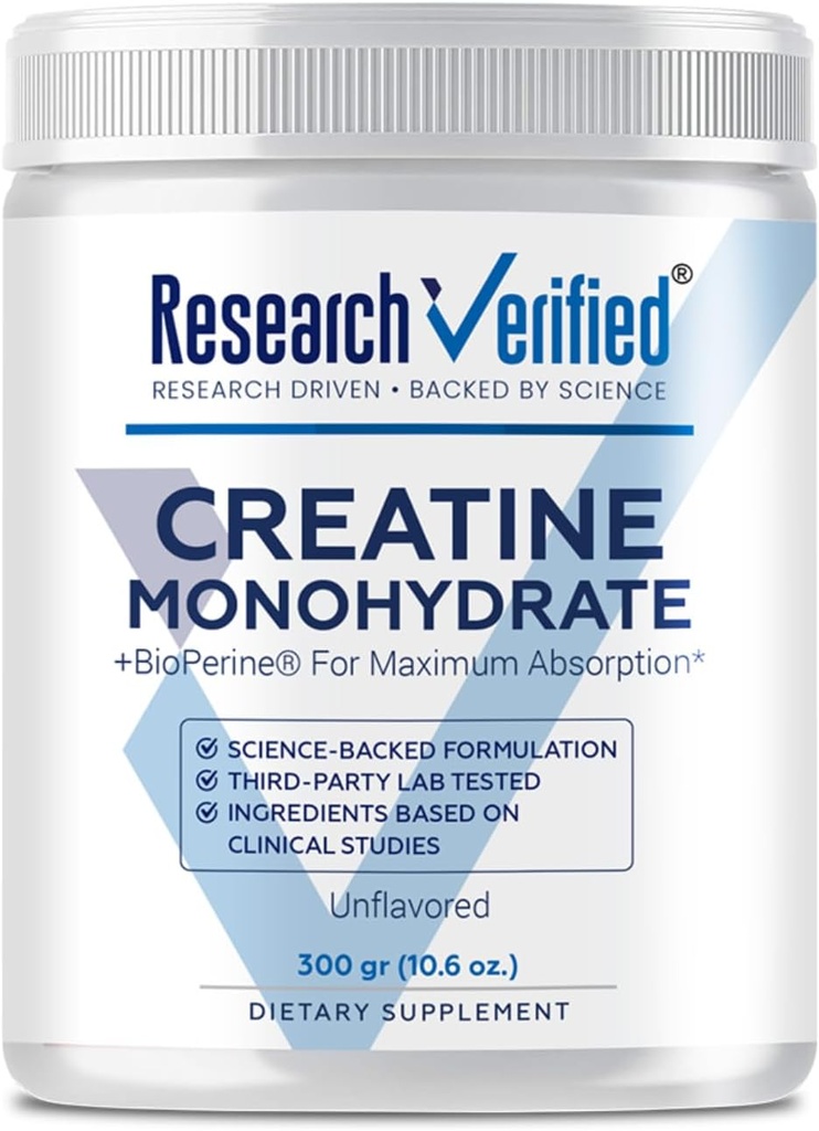 Cercetare Creatura verificata Monohidrat - Sustine cresterea optima a muschilor, cresterea performantei - 5000 mg Creatin Monohidrat - BioPerine - 60 Serviri - Nearomatizate - Vegan