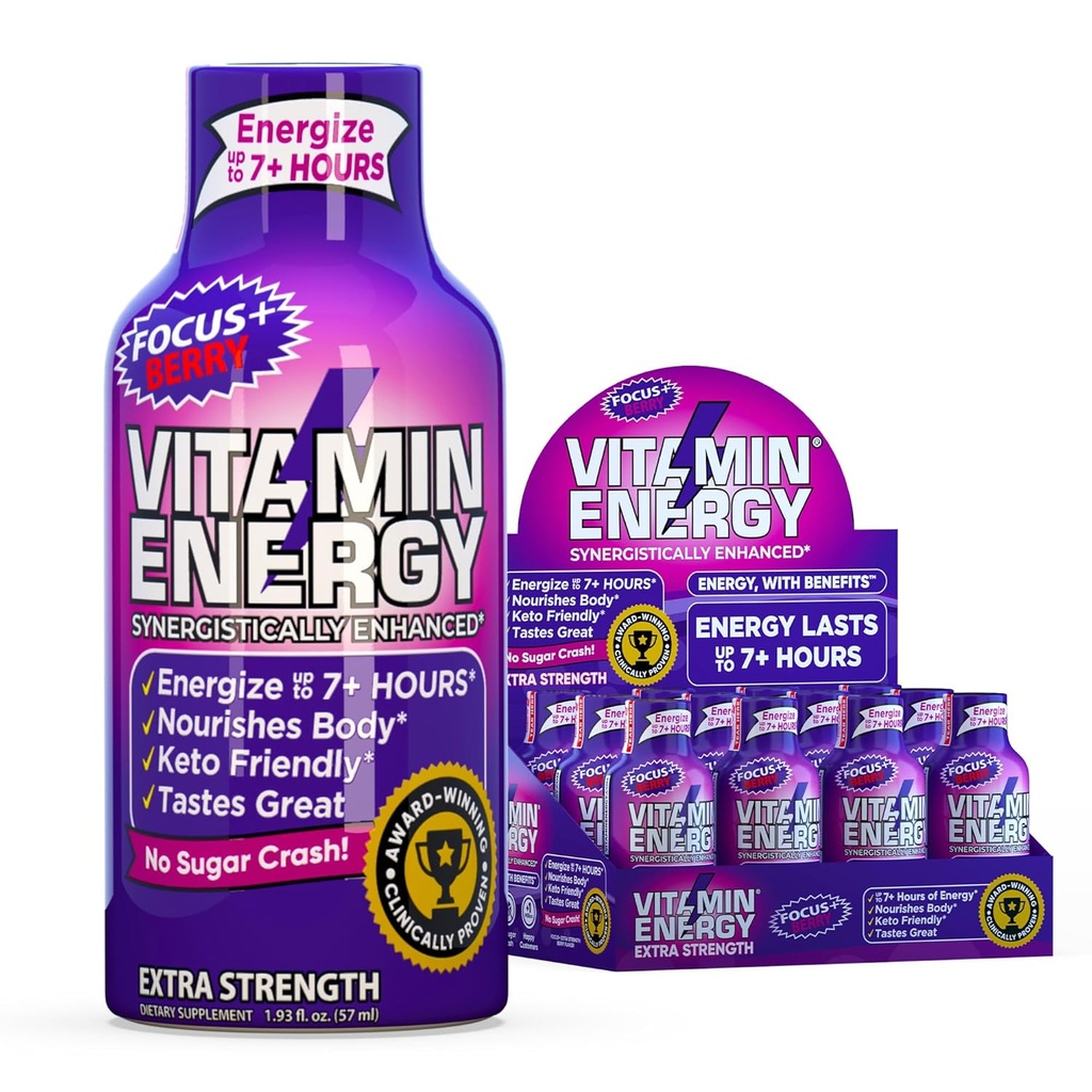 Vitamina Energie Focus+ Extra Putere Energie Shot Berry 4 Pack, 260mg Natural Cafeina, B-Vitamina, CoQ10, Amino Acids, Focus, Productivitate & Clarity, Zero Zahăr, Gluten-Free, 1.93 fl oz