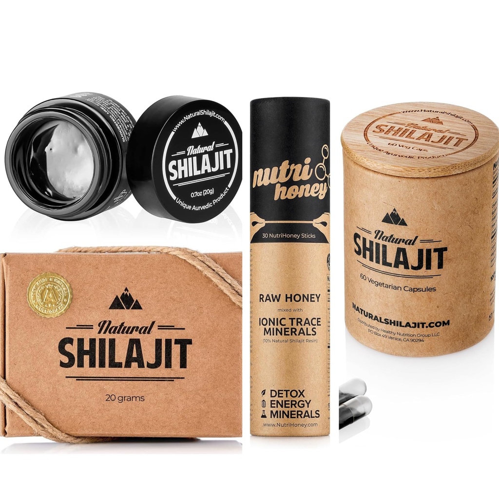 Natural SHILAJIT Resin 20G, Shilajit Honey Sticks 30 Count Capsule 60 Count