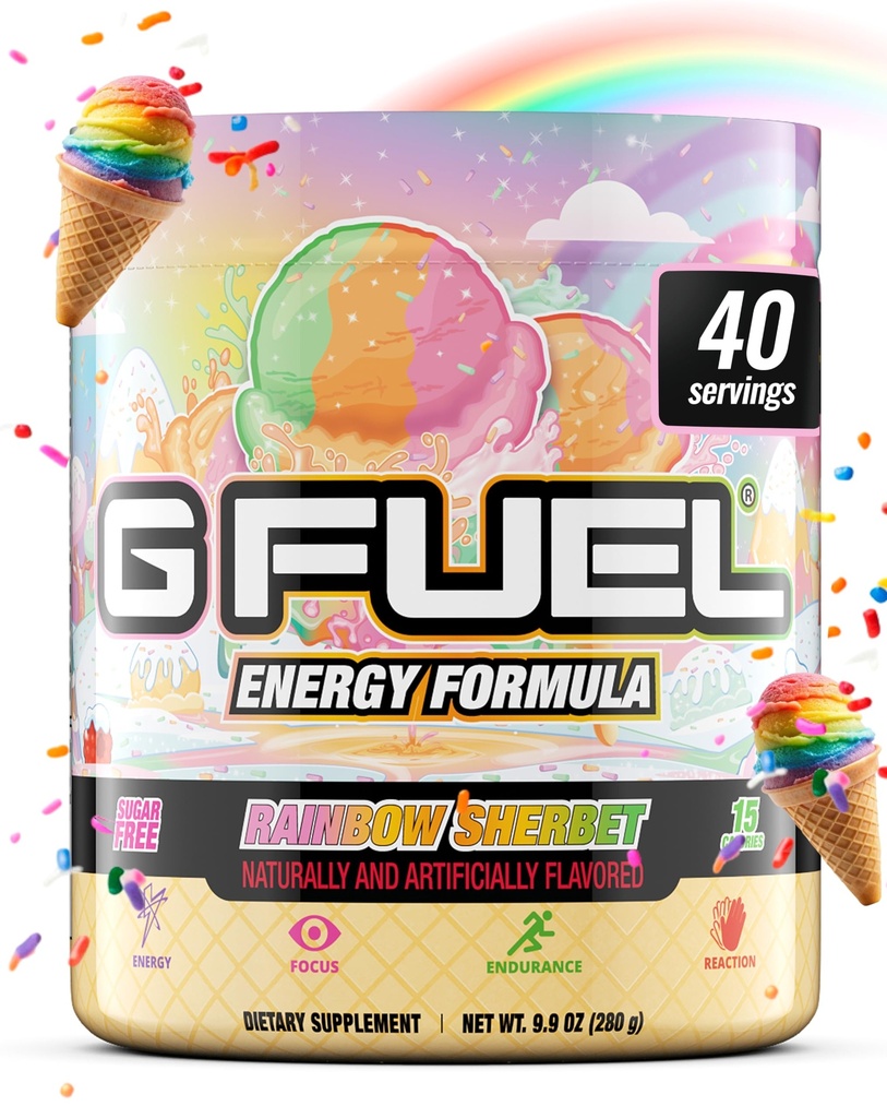 G combustibil Rainbow Serbet Energetic Drink Powder, Pre Workout Cafeina Mix pentru Gaming, Sugar Free Focus Amino, Vitamina + Antioxidanti, 9,9oz (Rainbow Sherbet, 40 Servings)