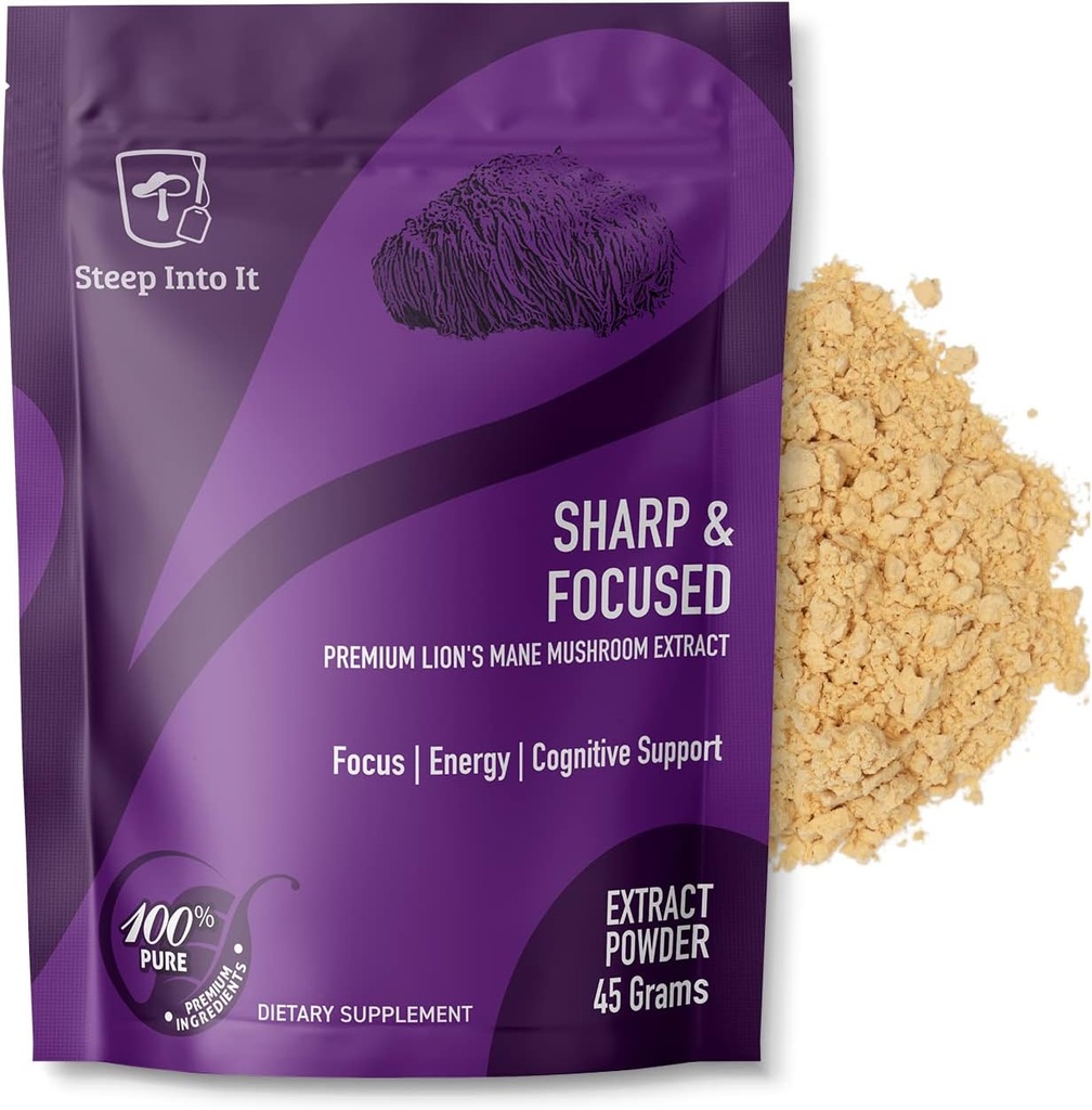 Organic Lions Mane Mushroom Supliment - Lions Mane Extract de pulbere pentru Claritate mentala, Focus si Functie cognitiva (45g, 30 Servings) - Sharp & Focused