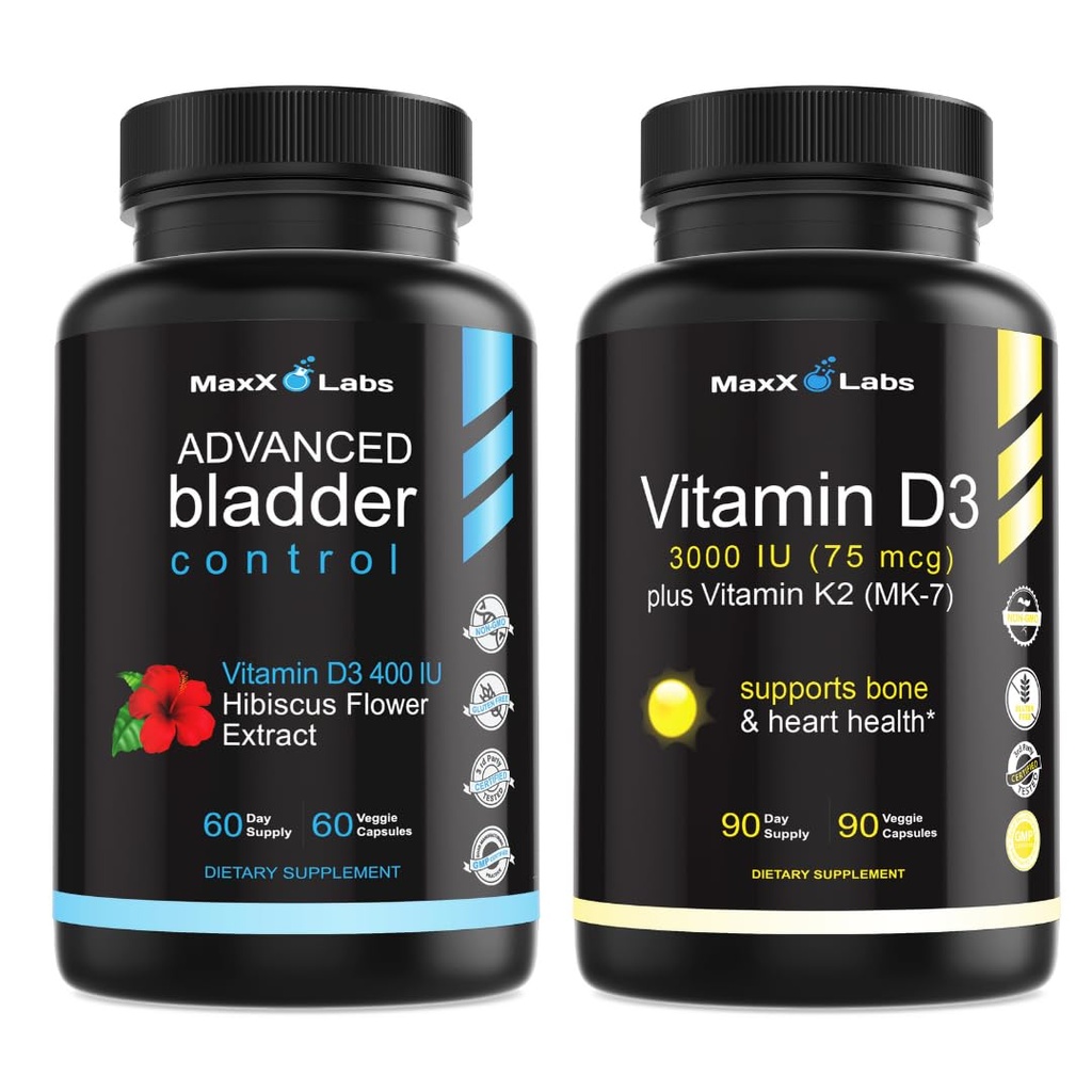 Suplimente pentru controlul vezicii urinare avansate pentru femei şi bărbaţi 60Ct + Vitamina D3 K2 3000 UI cu vitamina K ca MK-7 de la Natto Suport Oase sănătoase, Dinţi, Inimă & Funcţia imună 90Ct