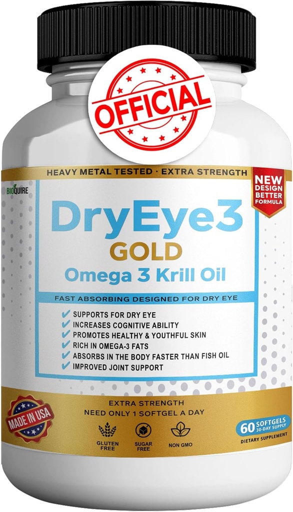 Ochi uscat 3 Omega de aur 3 Krill Oil Extra Putere, 60 Softgels, suport ochi uscat, non-GMO, Gluten Free, Sugar Free (1)