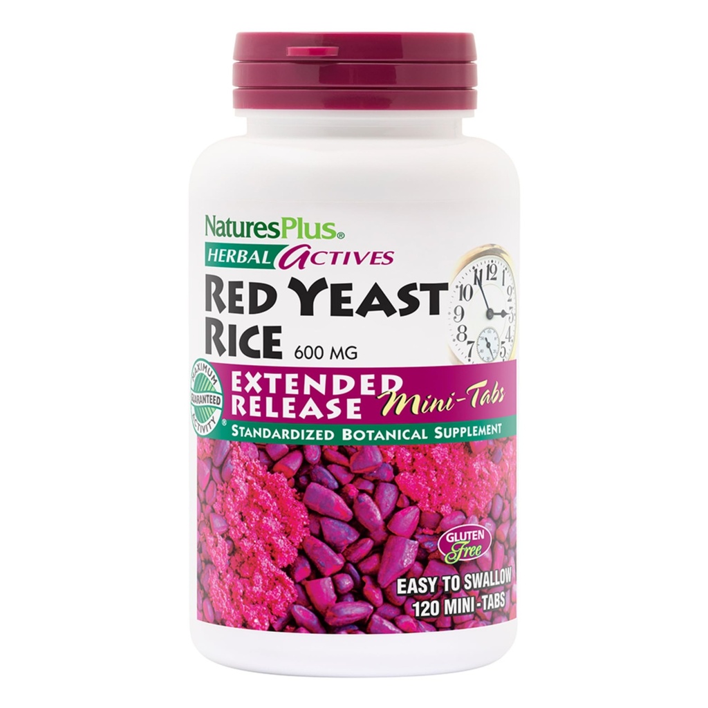 NaturesPlus Herbal Active Red Yeast Rice, eliberare extinsă - 600 mg, 120 Mini Tablete - Supliment vegetal - Vegan, Vegetarian, Gluten-Free - 60 Serviri