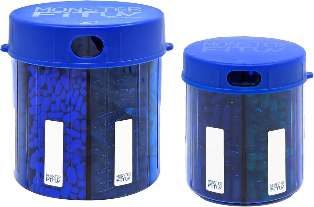 Monstru supliment de medicamente Pilula Dispenser cu etichete de compartiment - Extra mari pastile container mâner aproape orice supliment - Ușor de dispense (Monster Blue & Monster Jr. albastru)