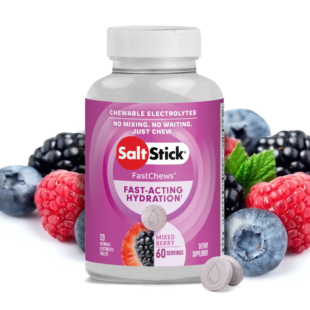 SaltStick Electrolyte FastChews - 120 Electroliţi Masticabili Berry - Tablete de sare pentru rulare şi hidratare, Chews Electrolit - 120 Conte