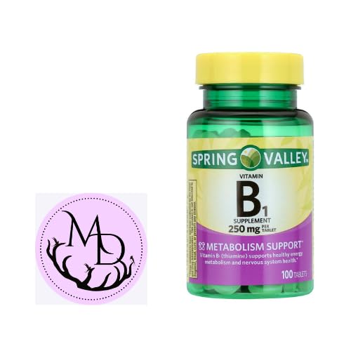 Spring Valley Vitamina B1 comprimate Supliment alimentar, 250 mg, 100 Conte + Dri Magazin autocolant.
