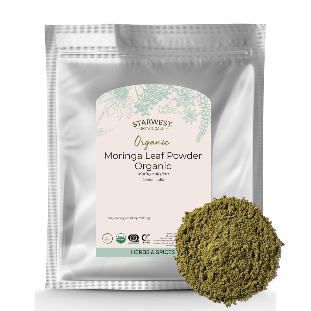 Starwest Botanicals Organic Moringa Leaf Powder - Green Superfood pulbere pentru ceai, capsule, suc, & Smoothies, Natural Source of Antioxidanti, Certified Kosher, Non OMG - vrac 1 lb Bag