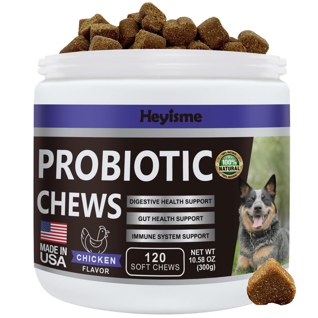 Probiotice pentru câini, Îmbunătățirea Echilibrul Drojdii, Itchy Skin Mâncărici Urechi, Sanatate Gut, Alergii, Imunitate, Probiotice Dog și Enzime Digestive cu Prebiotice - Reduce diaree (Chicken, 120 Chews)