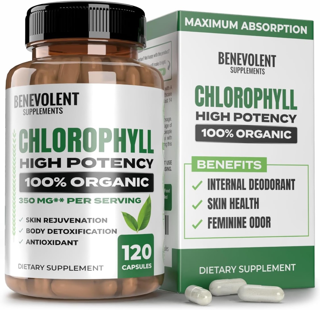 Capsule binevoitoare de clorofilă 350mg - 100% Natural + Ultra Clorofilă 20x Concentrare de potenţă pentru energie Boost, Suport Imun, Deodorant intern, Sănătatea pielii, Non-GMO, 120 capsule