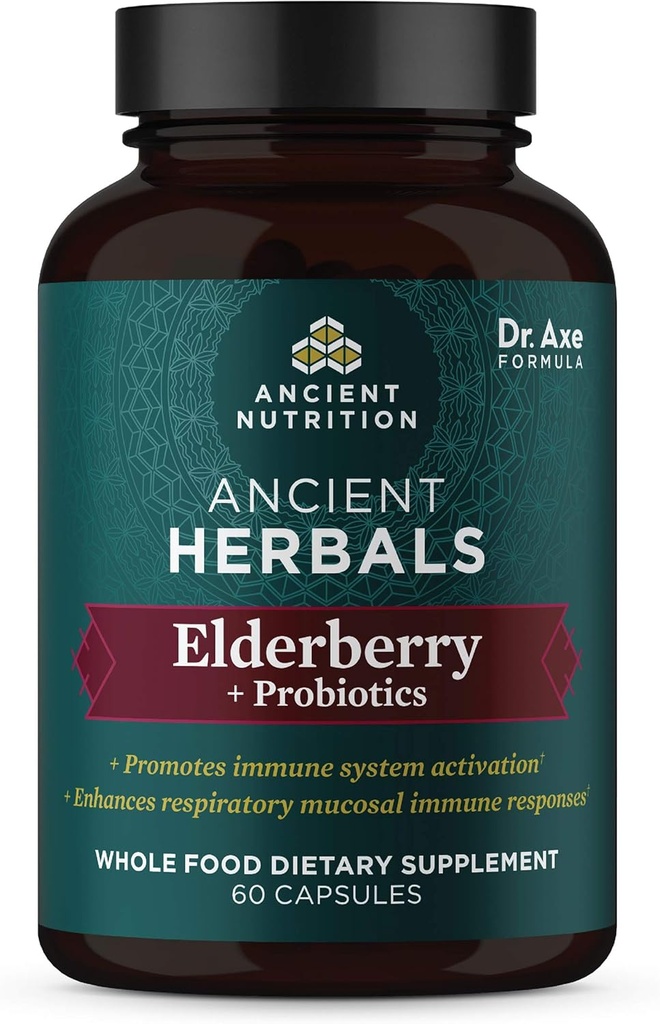 Nutriţie antică Elderberry şi Probiotice Supliment, Ancient Herbals Black Elderberry Capsule, Sistem imunitar de sprijin, Supliment alimentar întreg, Gluten gratuit, Paleo şi Keto prietenos, 60 capsule