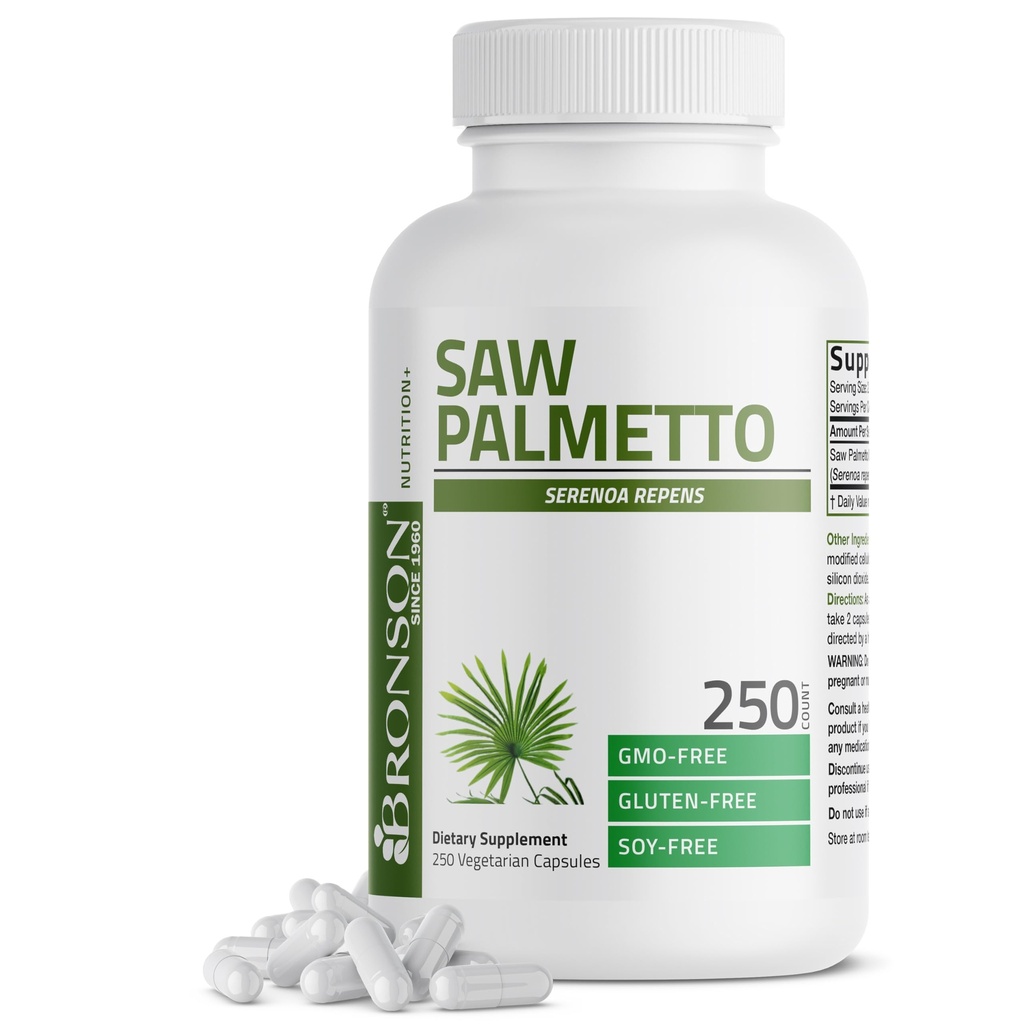 Bronson Saw Palmetto Extra Forta suporta functie de prostata sanatoasa si suport de sanatate urinara - non OMG, 250 Capsule vegetariene