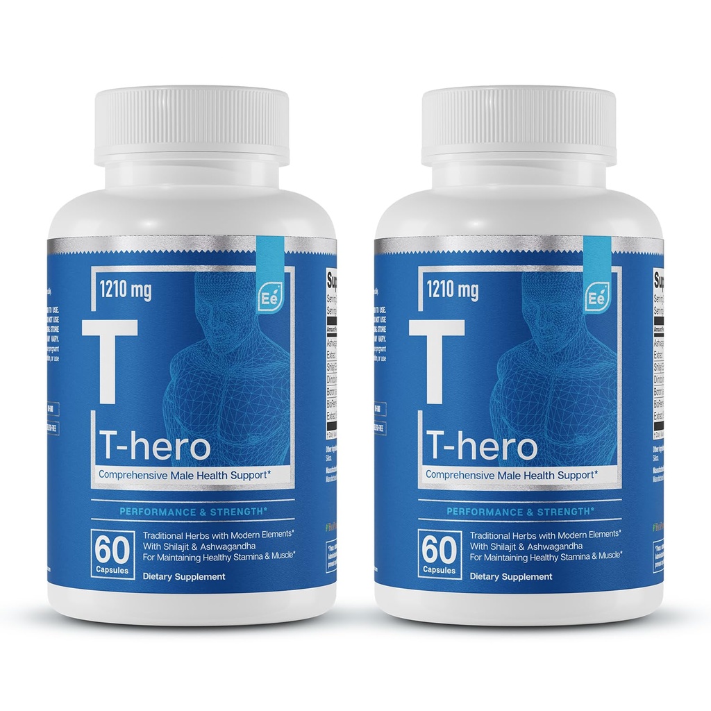 Elemente esențiale T-Hero - Daily Testosteron Support for Men - Promovează Vitality & Drive - cu Ashwagandha, Shilaj, Boron, DIM - 60 Conte - 30 Servings (2-Pack)