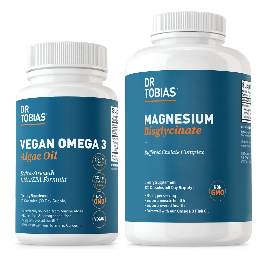 Dr. Tobias Vegan Omega 3 Algae Ulei și magneziu Bisglicinat, Essential Wellness Support for Heart, Brain, Muscle, and Bone Health, Non-GMO, Vegan