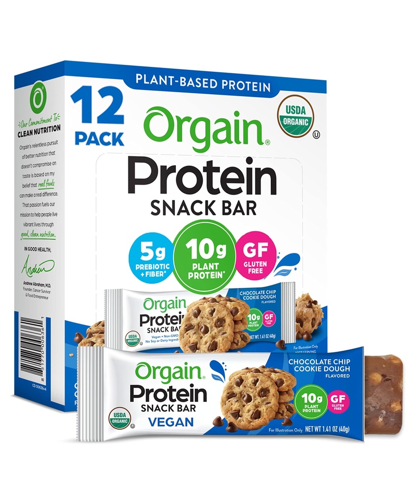 Orgain Organic Vegan Proteine Baruri, Ciocolata Chip Cookie Dough - 10g plante pe bază de proteine, Calorie scăzut Sanatos gustări, Nu Lactoză sau Ingrediente de soia, Gluten gratuit, non-GMO - 1.41 Oz (Pachet de 12)