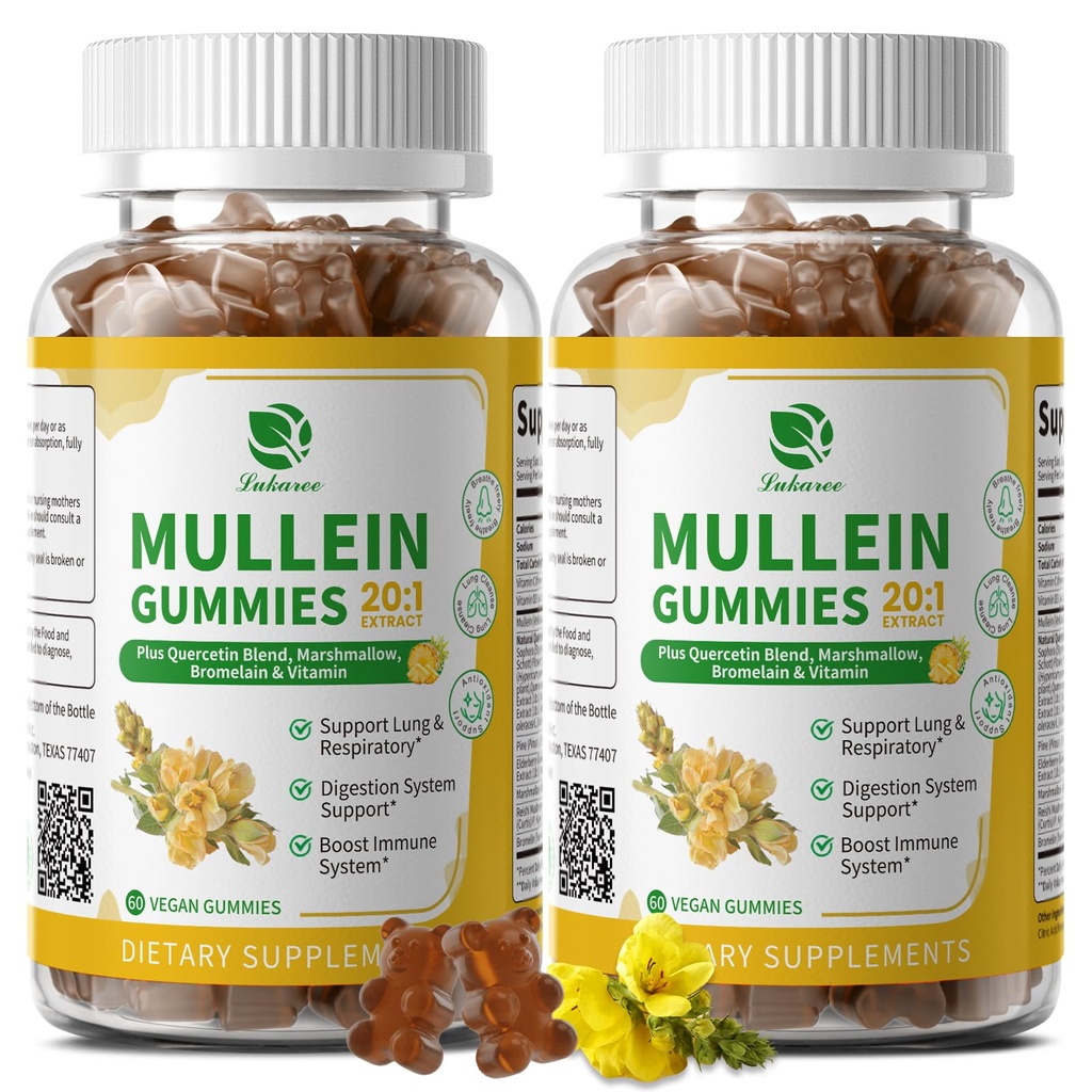 (2 ambalaj) 9 din 1 Gummies Mullein pentru Lung Cleanse & Detoxifiere, Extra Force Mullein Leaf Extract w/Quercetin, Bromelain, Elderberry & Marshmallow pentru respiratorii, Immune & Digestive, Vegan,120 Conte