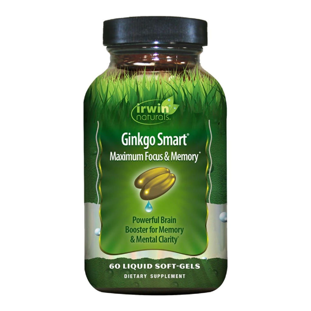 Irwin Naturals Ginkgo Smart Puternic Nootropic Brain Booster - Suportă Memorie maximă, Focus & Mental Clarity cu DMAE, Clubmoss, Choline & Acetil L-Carnitina - 60 Softgels lichid