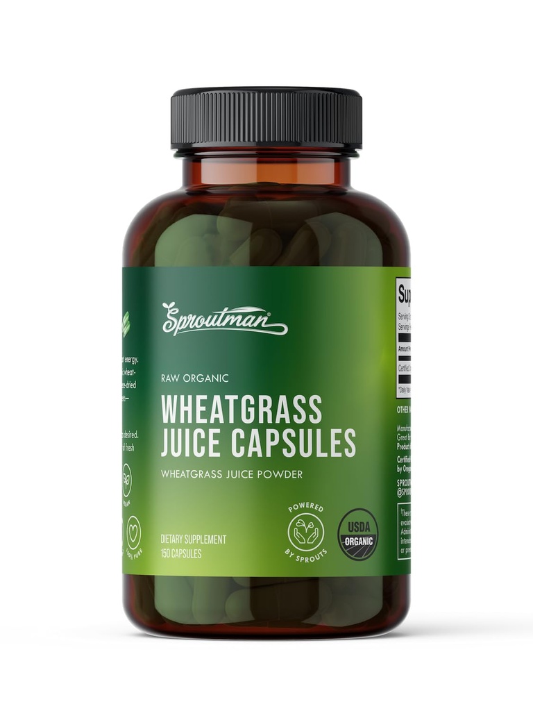 Capsule organice Wheatgrass Juice Powder de Sproutman - 100% Pure Wheatgrass - SIDA Digestion - High in Vitamine, Antioxidanti, Clorofila, Enzime, Minerale & Energy (150 pastile)