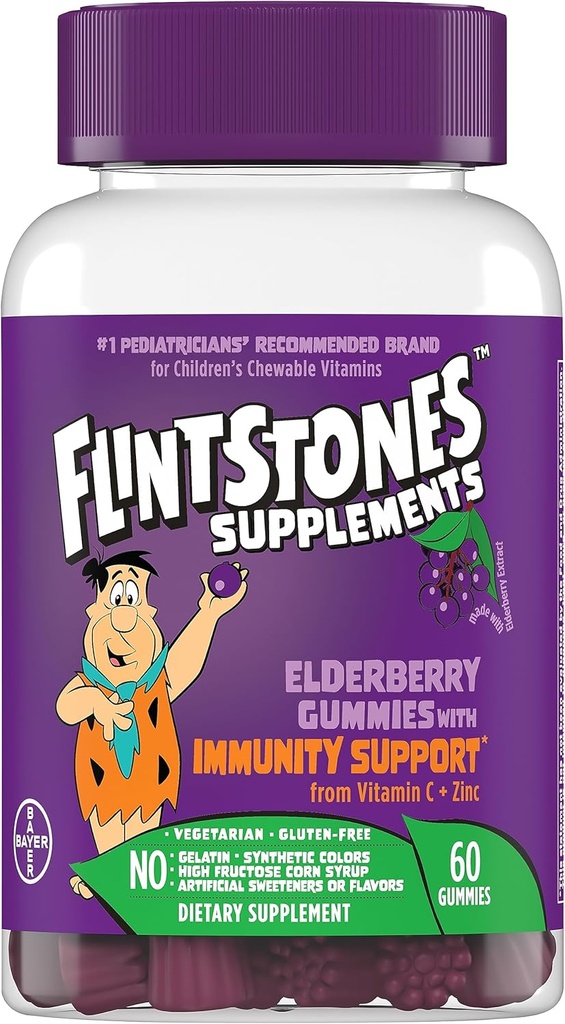 Flintstones Vitamine Elderberry Gumies pentru copii cu suport de imunitate de vitamina C & Zinc, Immune Support Gummies, Multivitamine pentru copii, Gluten gratuit, 60 Conte