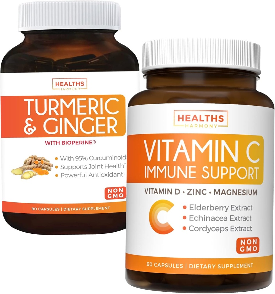 Bundle of Vitamin C Immune Support & Turmeric Curcumin - Suport zilnic: Imun + Joint Health - Immune Support - Vitamina C cu zinc (Non-GMO) și Curcumin Turmeric - Black Pepper Extract (Non-GMO)