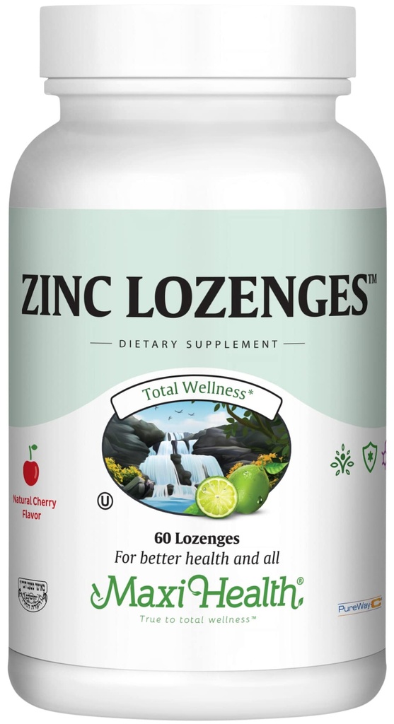 Maxi-Health Zinc Lozenges - Zinc Citrate 10mg - cu vitamina C - Cherry Flavor - 60 Chewables - Kosher