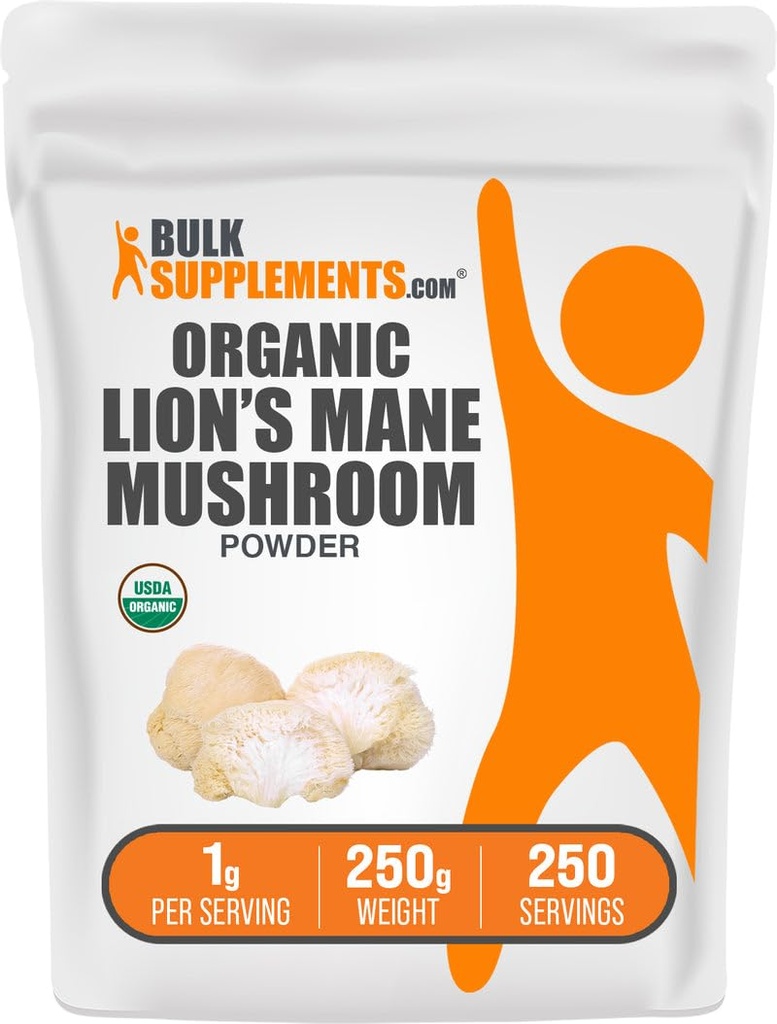 BulkSupplements.com Organic Lions Mane Mushroom Powder - Lions Mane Powder, Mushroom Supplement - Vegan & Gluten Free, 1g per Serving, 250g (8,8 oz) (Pachet de 1)