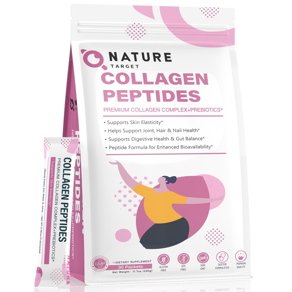 NATURĂ ŢINTĂ Multi Colagen Peptides pulbere - tip I, II, III, V, X - Absorbţie îmbunătăţită, Colagen peptide hidrolizate cu prebiotice, zahăr-gratuit, suport piele par unghie & comun, non-GMO