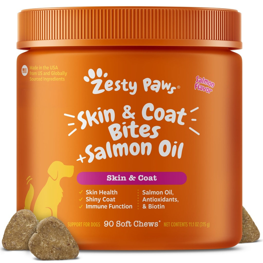 Zesty Paws Salmon Oil for Dogs Skin and Coat, Omega 3 Fish Oil Chews, Dog Alergy Relief Chews, Itch Relief Supplement, 90 Count, Salmon Flavor