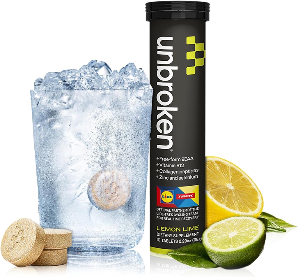 Comprimate de recuperare UNBROKEN 9EAA/BCAA (60% GRATUIT-FORMă/40% Di- & Tri-Peptide), Aminoacidi Supliment pentru recuperare mai rapidă și mai puțin dureri musculare, Post & Pre- Workout pentru bărbați și femei, 10 Ser., Lămâie Lămâie