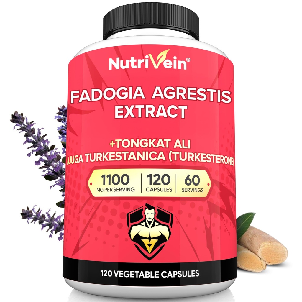 Nutrivein Premium Fadogia Agrestis și Tongkat Ali Supliment cu Turkesteron - 1100 mg - 120 Caps - Blend sinergic pentru performanță, Putere, & Recuperare pentru bărbați și femei de toate vârstele