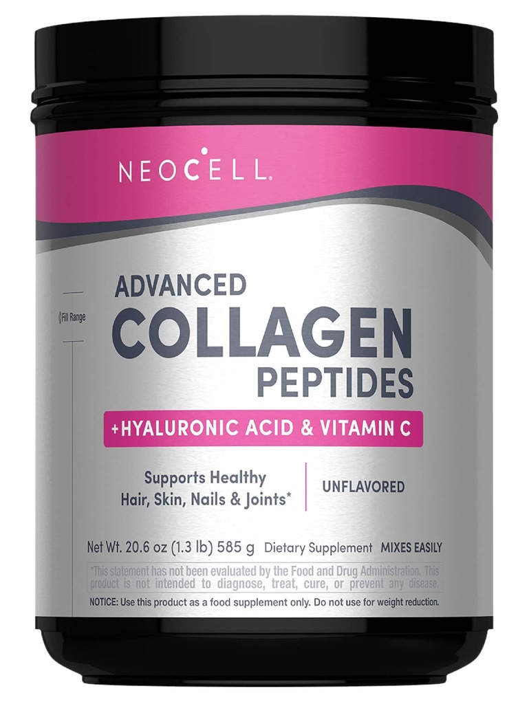 NeoCell Super Colagen pulbere, Colagen Plus include vitamina C & Acid hialuronic, Promovează păr sănătos, Piele frumoasă, & Suport unghie, Colagen tip 1 & 3, 12g Colagen per servire, 20.6 Oz