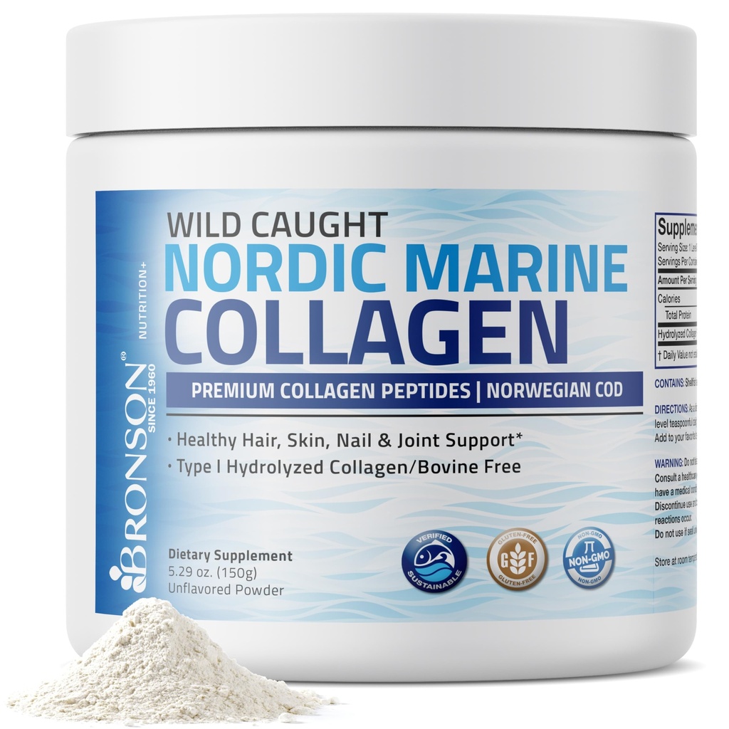Bronson Marine Colagen Peptides Hidrolyzed Proteine pulbere 100% Wild Caught Nordic Cod verificat Sursa durabilă pentru articulații unghii de păr și oase 150g (5.29oz)