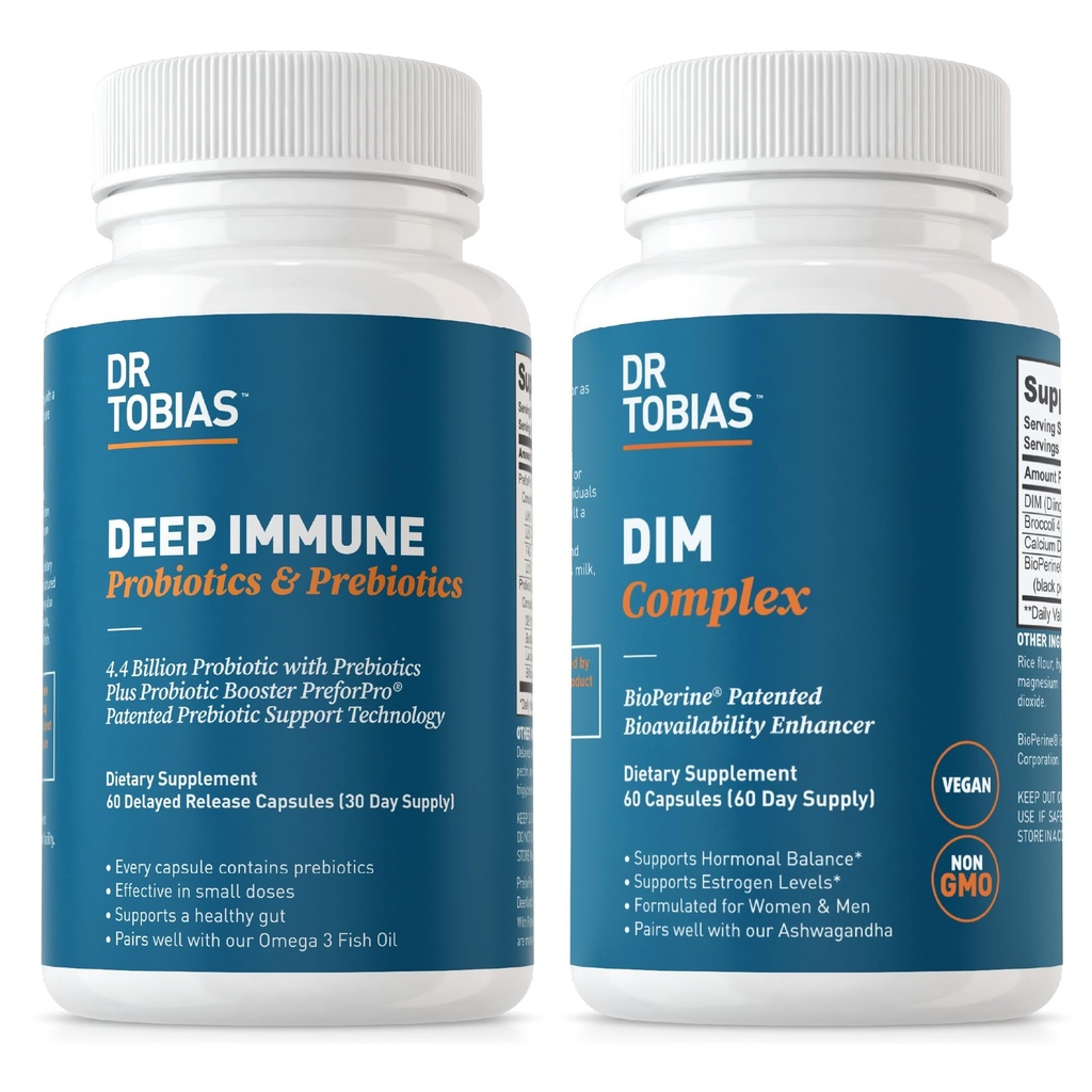 Dr. Tobias Probiotice imune profunde & Prebiotice și DIM Complex, susține Digestive Health, Funcție imună Gut, Echilibru hormonal pentru femei și bărbați