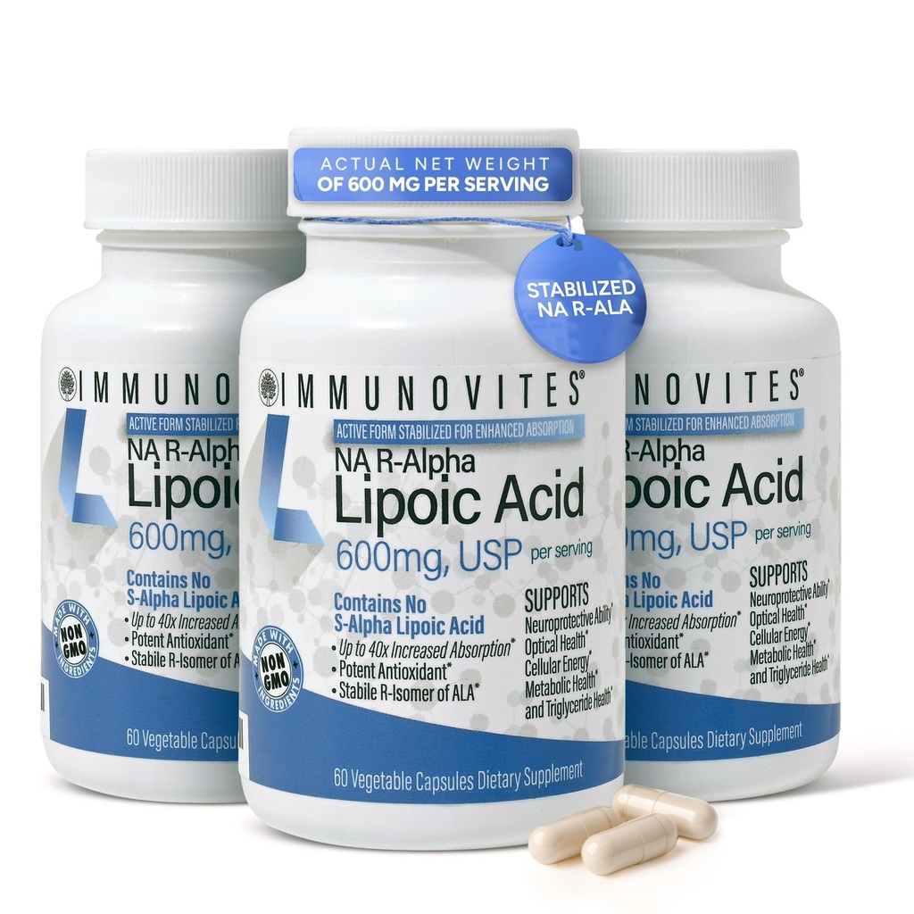 Imunovites 3-Pack Stabilized R-Alpha Acid lipoic ((True))) 600mg per Serving [[High Potency & până la 40x Creșterea absorbție]] (Na R-ALA) (Na R-LA) (Na R-Lipoate) (3 flacoane)
