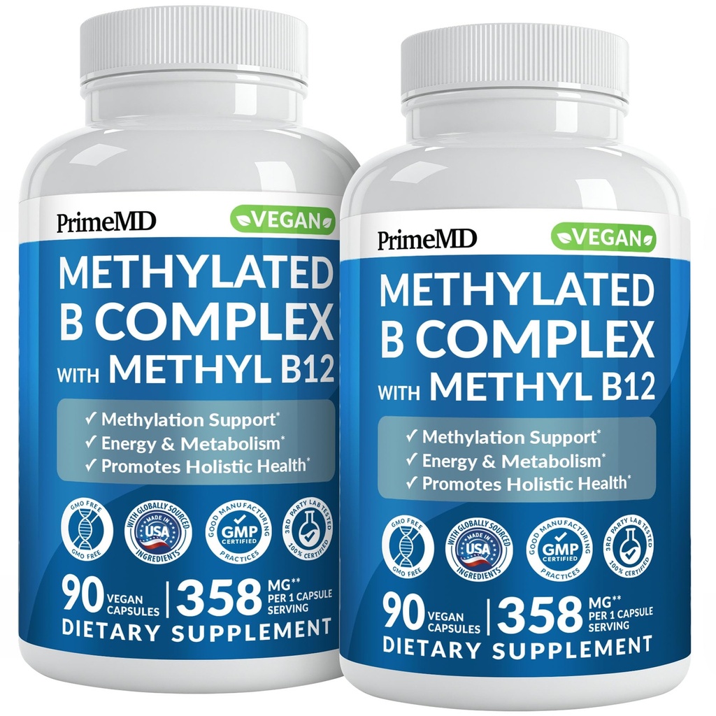 Complex B metilat cu metilfolat și B12 metilcobalamină 1000 mcg - Multivitamine metilate pentru energie, funcția creierului și Wellness - Complex vitamina B pentru bărbați și femei (180 Servings, Pachet de 2)