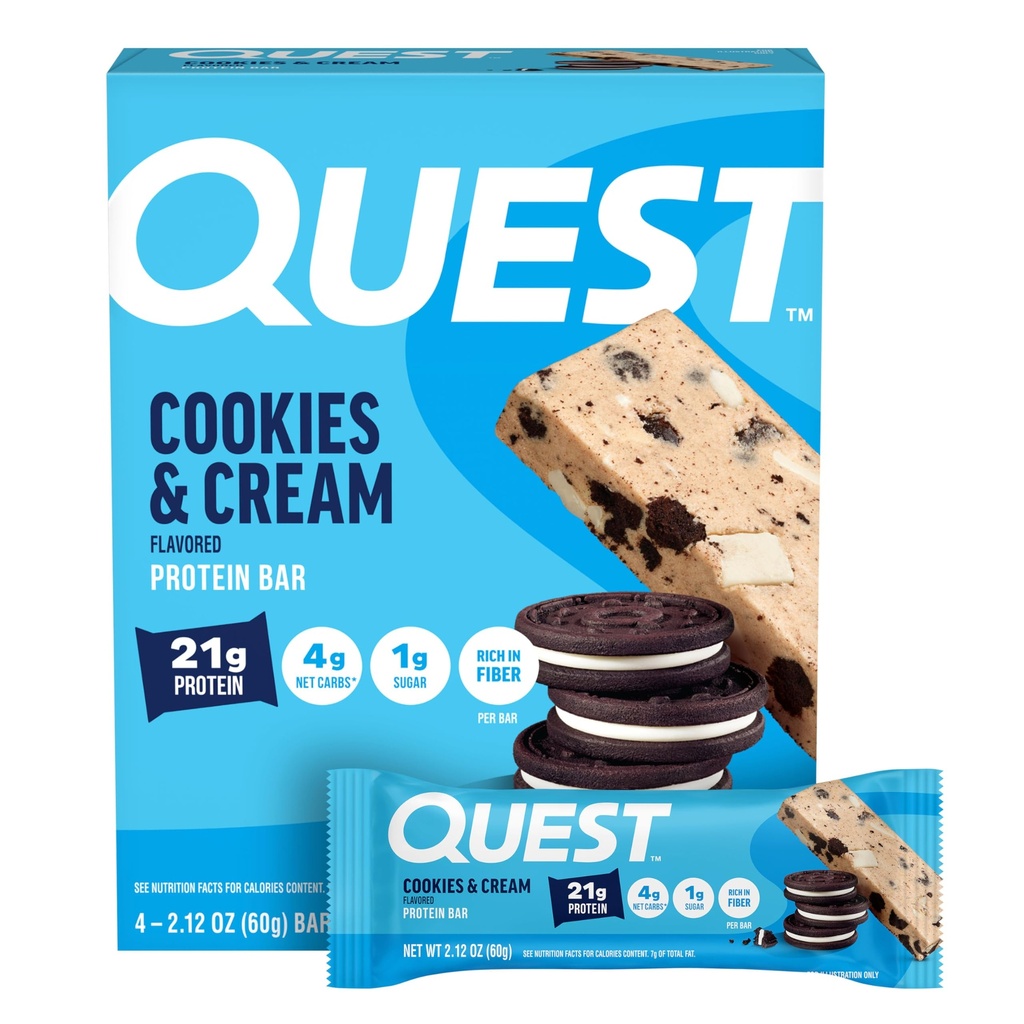 Quest Nutrition Cookies & Cream Proteine Bars, 21g Proteine, 4g Net carbohidrati, 1g Zahăr, Gluten gratuit, Keto Friendly, 4 Conte