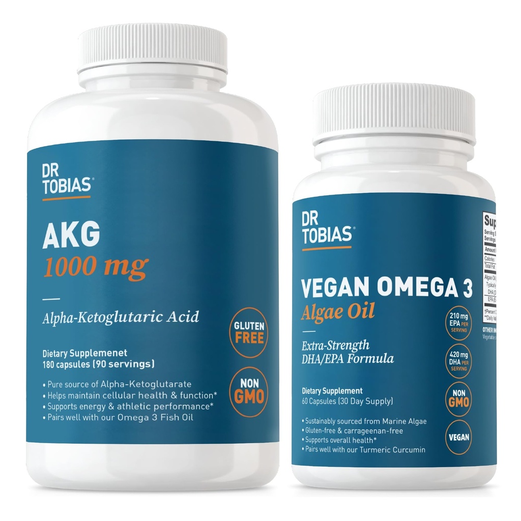 Dr. Tobias AKG Supliment & Vegan Omega 3 Ulei de alge, Suport energie celulară & Sănătate generală cu AKG, EPA & DHA, Vegan, Gluten-Free, non-GMO