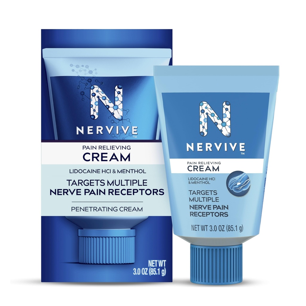 Nervive Pain Relieving Cream, Max Putere Durere Topical non-Greasy Reliever cu lidocaină și mentol pentru degetele de la picioare, picioare, degete, mâini, picioare și brațe, 3.0oz