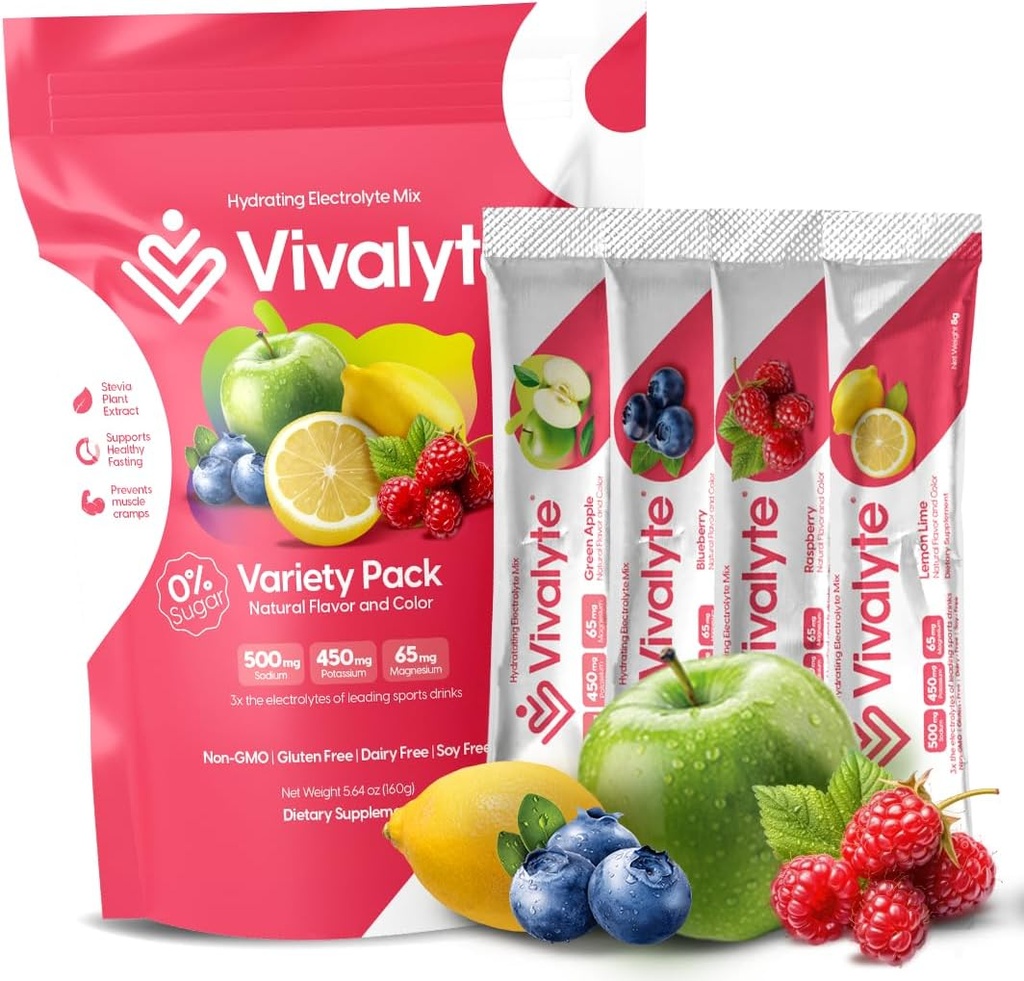 Pulbere electrolitică Nu Zahăr Stevia îndulcit 100% Pachete naturale de hidratare - 20 Conte de sodiu, Citrat de potasiu şi magneziu L-Treonat (5.64, Variety Pack)