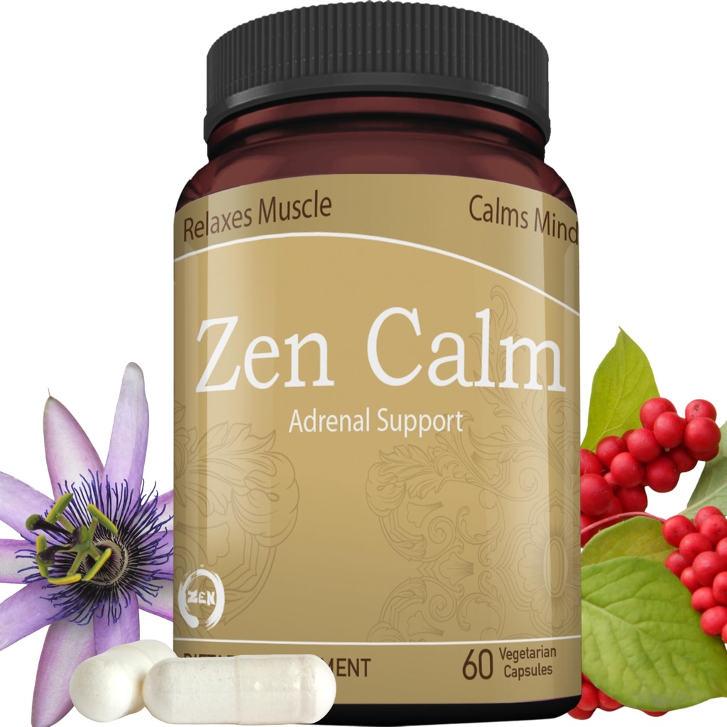 Zen calm Stres Adrenal Supplement Organic Adaptogen Herbs - Magneziu, B Vitamine, GABA & More to Support a Natural Calm. Non-Drowsy. Non-GMO (60 Veggie Caps)