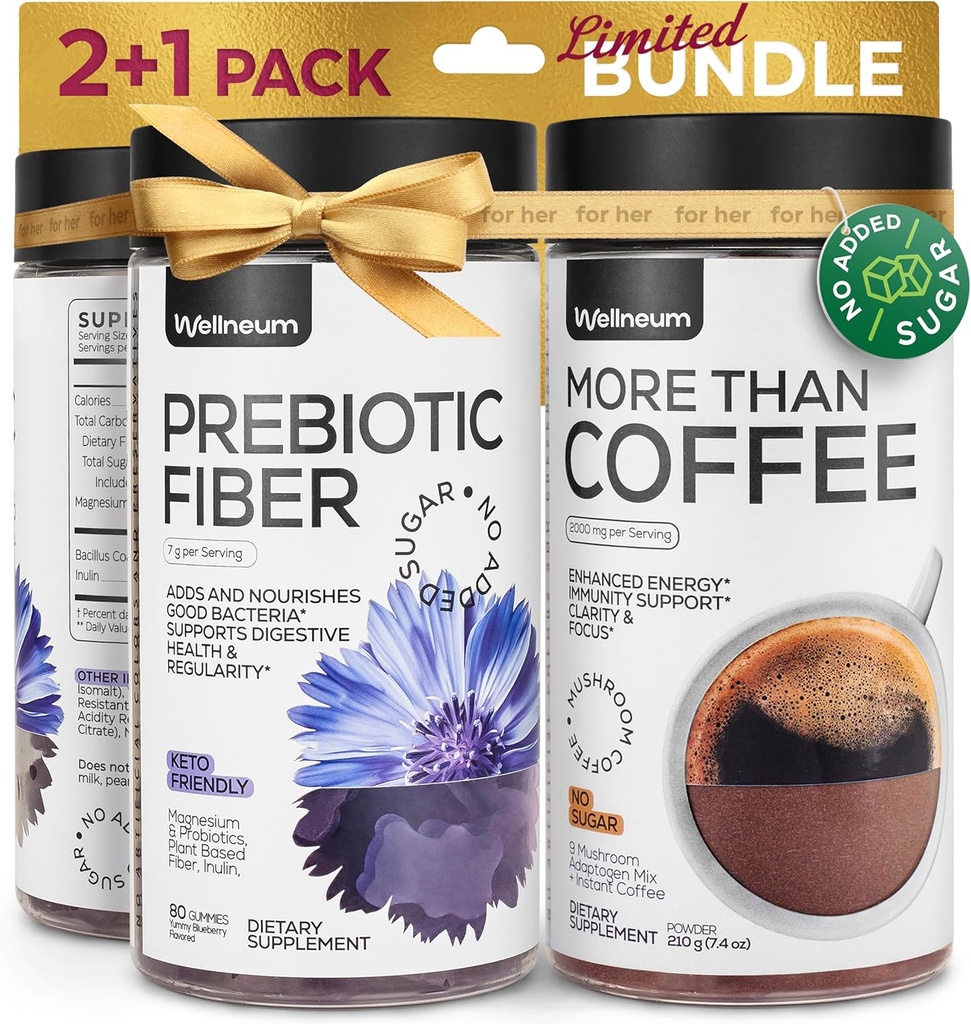Cafea de ciuperci și mari prebiotice Gummies Bundle - 9 ciuperci Adaptogen Mix, Dieta Fibră 7G, Probiotic - cafea instant ciuperci și fibra Chews pentru imunitate, Gut Health - pentru bărbați și femei