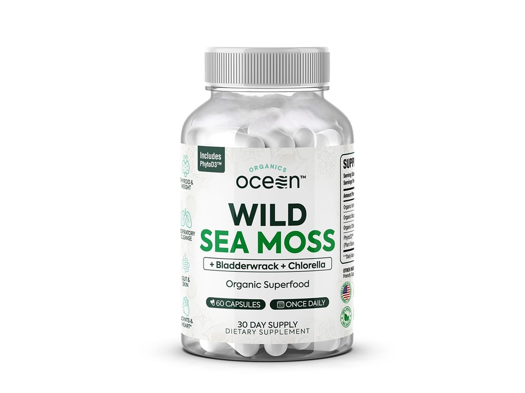 Organics Ocean Wild Sea Moss Capsule - 100% Organic Irish Sea Moss cu Chlorella organică, Bladderwrack și vitamina D pentru energie, Lung Sănătate și sprijin tiroidian pentru femei și bărbați - 60 capsule